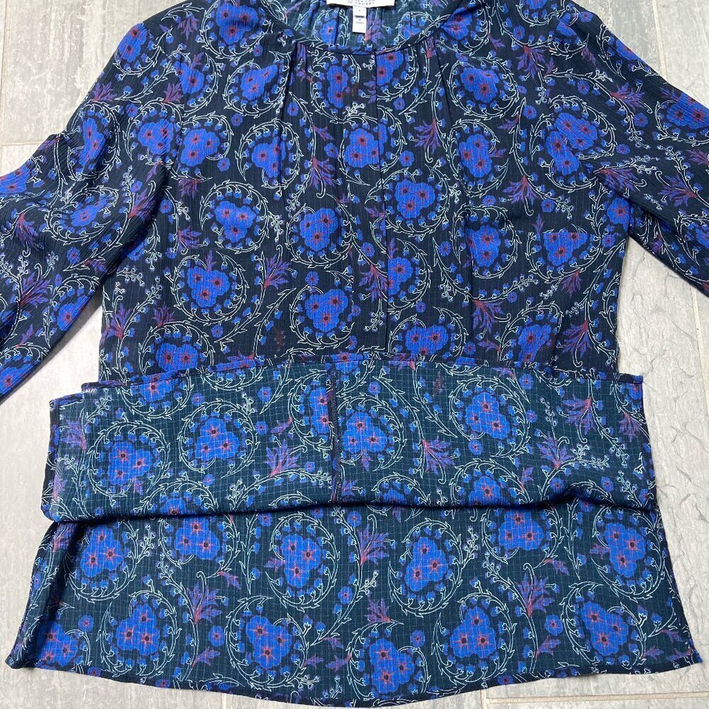 Derek Lam 10 Crosby Poet Floral Sheer Ruffle Sleeve Silk Blouse Blue Black Sz 6 - Picture 5 of 10
